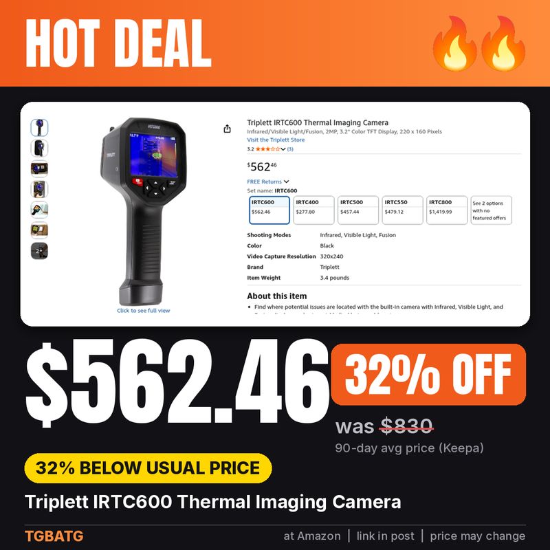 Hot deal graphic for the Triplett IRTC600 Thermal Imaging Camera: the Amazon listing with the camera, the price captured when the deal was found, 32% off its 90-day average price of about $830 (Keepa)
